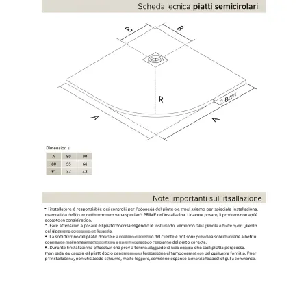 Piatto Doccia Slim Semicircolare 80x80 Pietra Nero 2.8cm Angolare Piletta