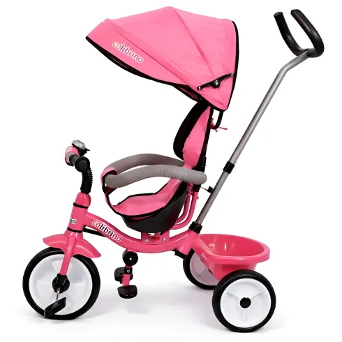 Triciclo Bambini Rosa Sedile Girevole Parasole Maniglione Genitore 2+