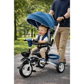 Triciclo per Bambini Blu Pieghevole Sedile Girevole Cappottina 1+ 2