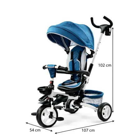Triciclo per Bambini Blu Pieghevole Sedile Girevole Cappottina 1+