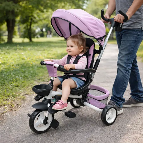 Triciclo per Bambini Rosa Pieghevole Sedile Girevole Cappottina 1+