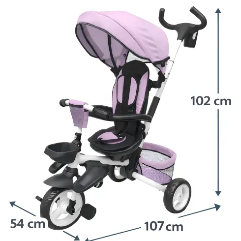 Triciclo per Bambini Rosa Pieghevole Sedile Girevole Cappottina 1+