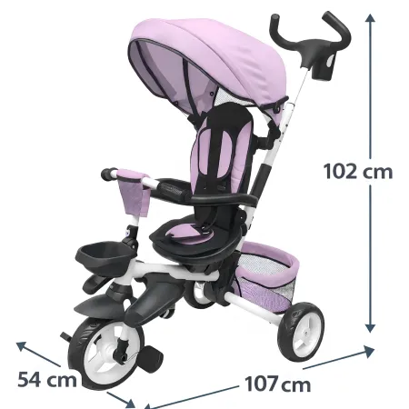 Triciclo per Bambini Rosa Pieghevole Sedile Girevole Cappottina 1+