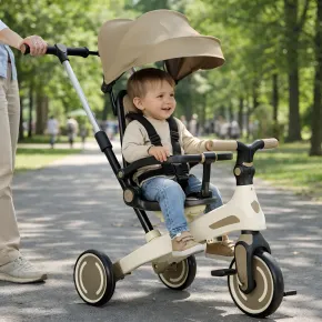 Triciclo Evolutivo per Bambini Beige Sedile Girevole Cappotta Tessuto 2