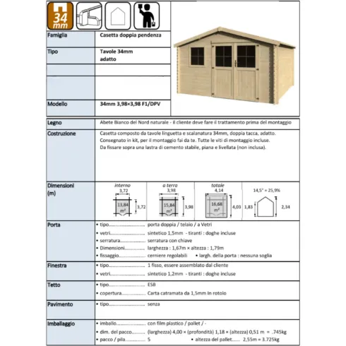 Casetta in Legno 34 mm da Giardino 4x4 Doppia Porta Vetri Block-House
