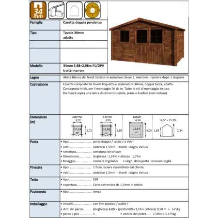 Casetta in Legno Trattato da Giardino 4x3 Doppia Porta Block-House 34mm