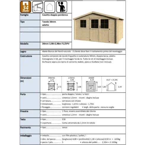 Casetta in Legno da Giardino 4x3 Doppia Porta Block-House 34mm