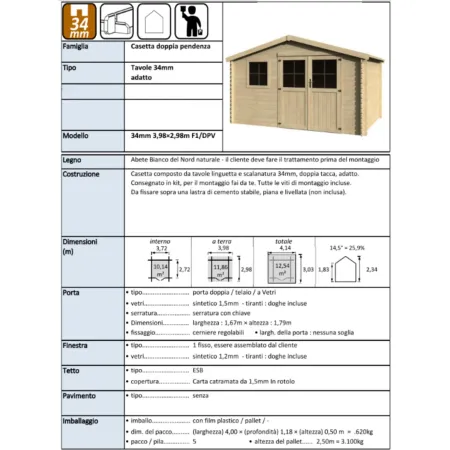 Casetta in Legno da Giardino 4x3 Doppia Porta Block-House 34mm