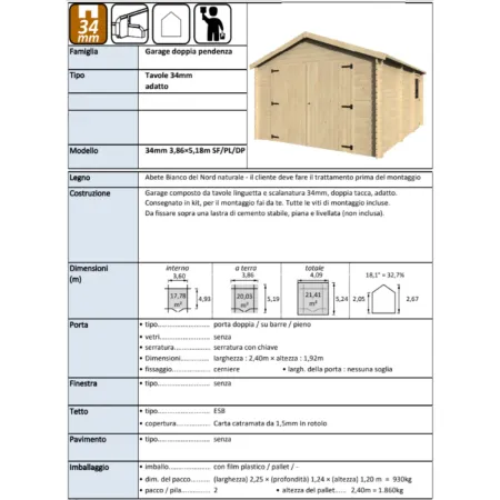 Casetta Garage Box in Legno Abete 34mm da Giardino 4x5 Porta Doppia