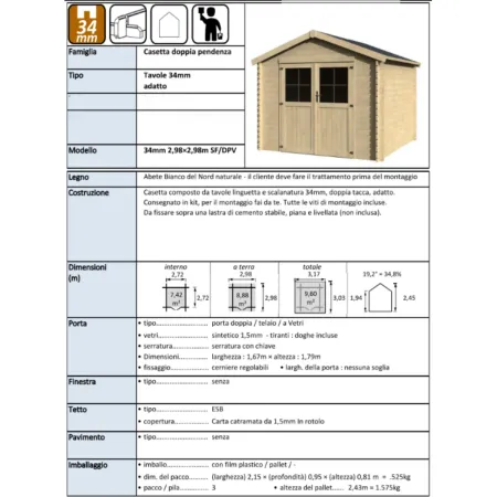 Casetta in Legno 34mm Grezzo da Giardino 3x3 Doppia Porta Vetrata
