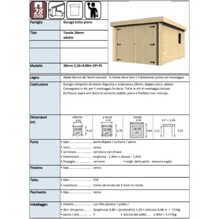 Casetta Garage Box in Legno Abete 28mm da Giardino 3x5 Porta Doppia