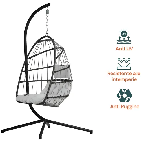 Poltrona Sospesa da Giardino Rattan 74x64x106 cm Struttura Acciaio Nero