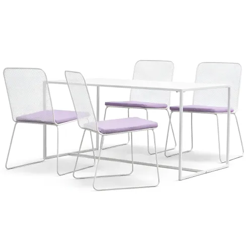 Set Tavolo 140x80 4 Sedie da Giardino Metallo Bianco con Cuscini Lilla