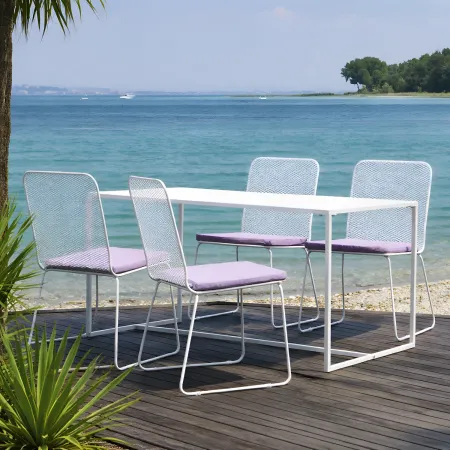 Set Tavolo 140x80 4 Sedie da Giardino Metallo Bianco con Cuscini Lilla