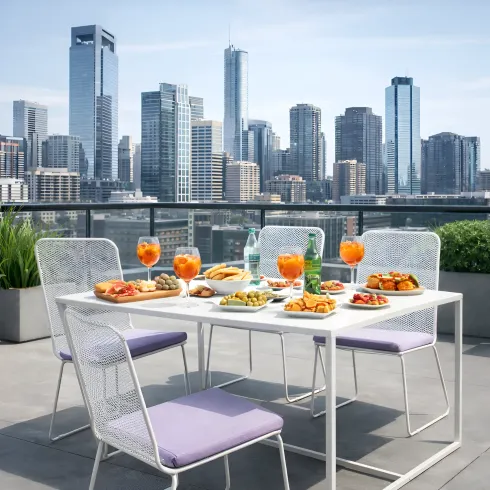 Set Tavolo 140x80 4 Sedie da Giardino Metallo Bianco con Cuscini Lilla