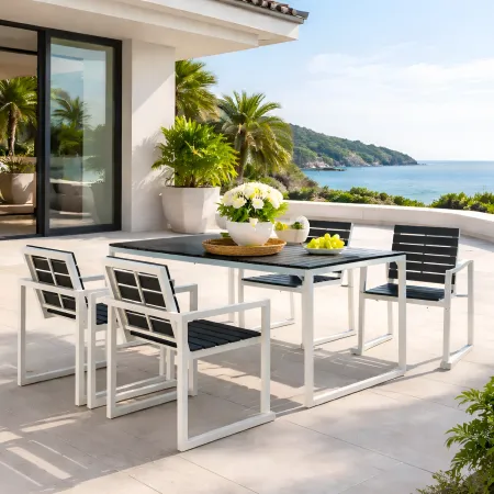 Set Tavolo 150x90 4 Sedie da Giardino Alluminio Legno Sintetico Nero