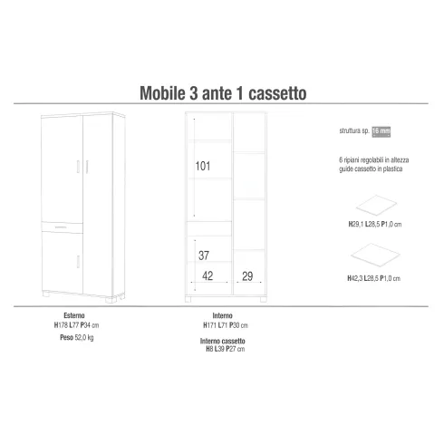 Scarpiera Mobile 3 Ante Bianco con Cassetto Ripiani Multiuso Mobiletto Armadio | BricoShop24