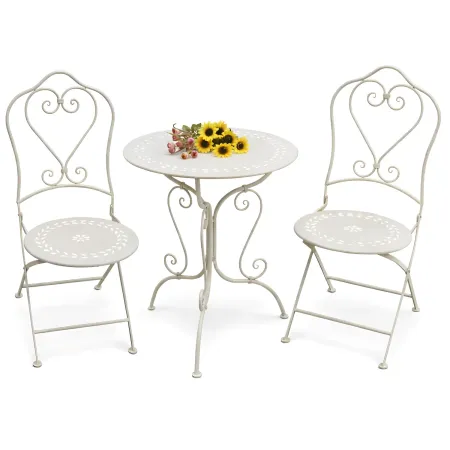 Set Tavolo Tondo 62x73 cm 2 Sedie in Metallo Bianco Antico da Esterno