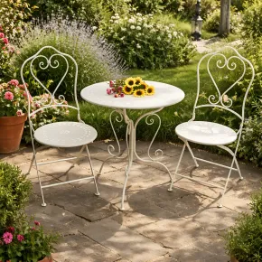 Set Tavolo Tondo 62x73 cm 2 Sedie in Metallo Bianco Antico da Esterno 2