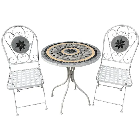 Set Tavolo 60x72 cm 2 Sedie Metallo Bianco Antico Mosaico da Esterno
