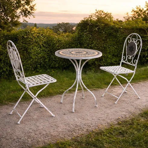 Set Tavolo 60x72 cm 2 Sedie Metallo Bianco Antico Mosaico da Esterno