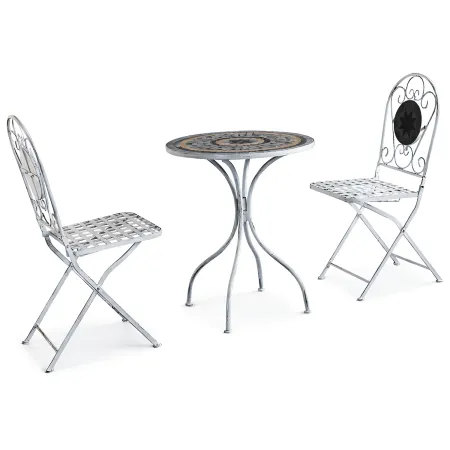 Set Tavolo 60x72 cm 2 Sedie Metallo Bianco Antico Mosaico da Esterno