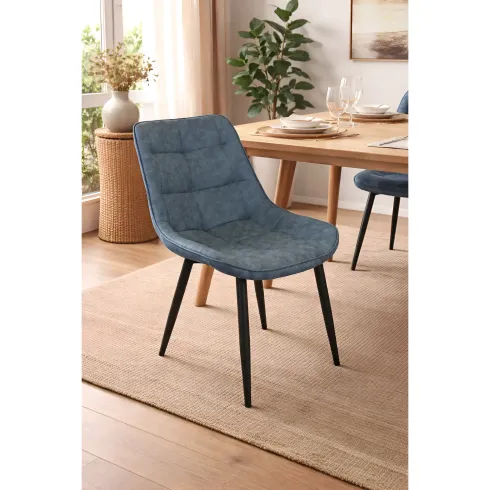 Sedia Imbottita Sala da Pranzo Seduta Ecopelle Blu Moderna Gambe Nere