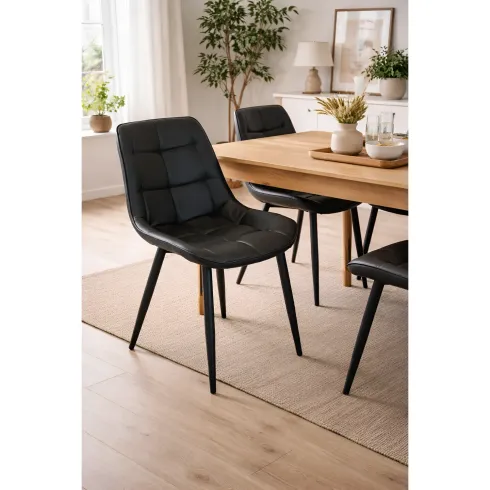 Sedia Imbottita Sala da Pranzo in Ecopelle Nero Moderna Gambe Metallo