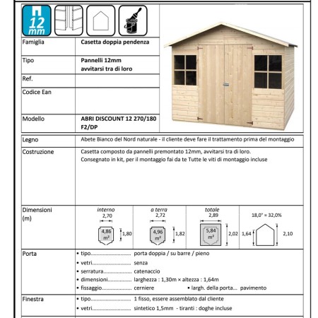 Casetta in Legno 272x182 Porta 2 Finestre da Giardino Attrezzi 12 mm Pavimento