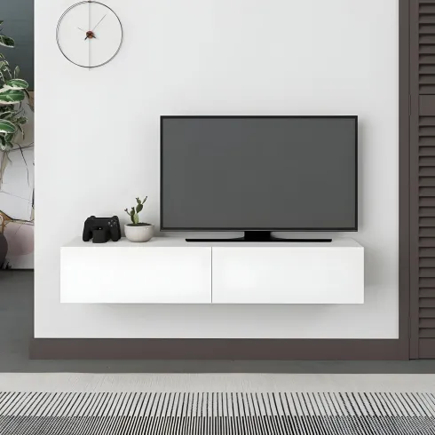 Mobile Porta TV Sospeso Bianco con Ante a Ribalta Moderno Salvaspazio