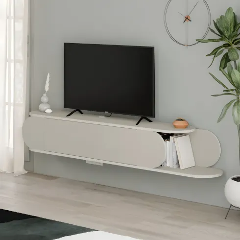 Mobile Porta TV Sospeso Doppia Anta a Ribalta Vano Laterale Beige