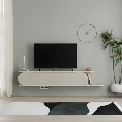 Mobile Porta TV Sospeso Doppia Anta a Ribalta Vano Laterale Beige