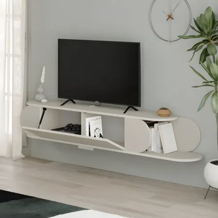 Mobile Porta TV Sospeso Doppia Anta a Ribalta Vano Laterale Beige