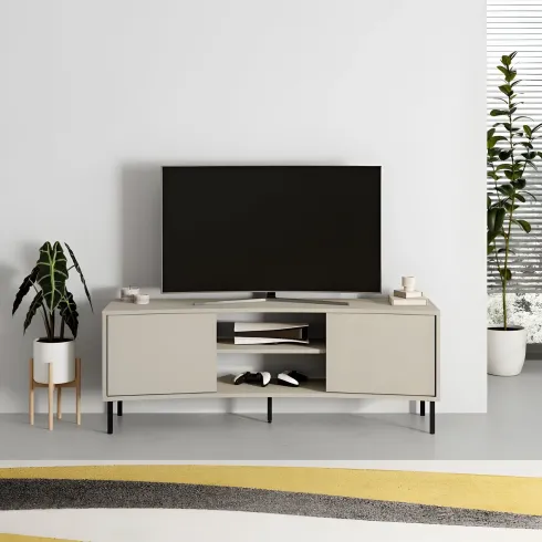 Mobile Porta TV Curvo 150 cm con 2 Ante Battenti 2 Vani a Giorno Beige