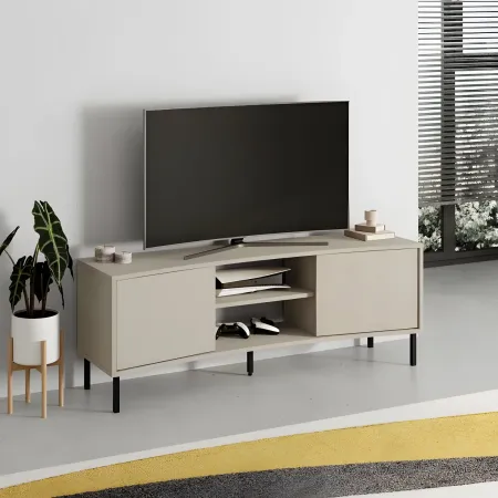 Mobile Porta TV Curvo 150 cm con 2 Ante Battenti 2 Vani a Giorno Beige