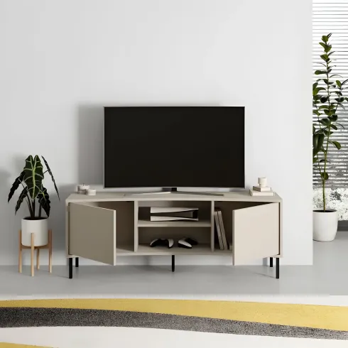 Mobile Porta TV Curvo 150 cm con 2 Ante Battenti 2 Vani a Giorno Beige