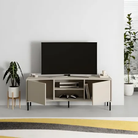 Mobile Porta TV Curvo 150 cm con 2 Ante Battenti 2 Vani a Giorno Beige