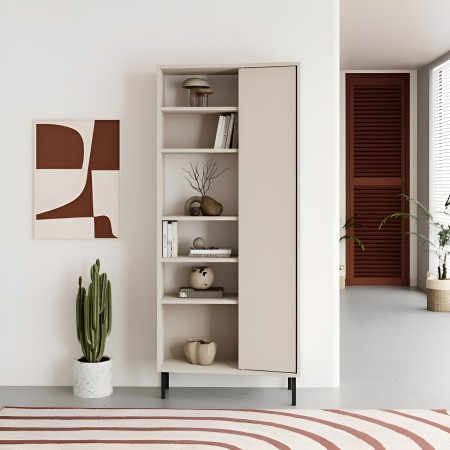 Libreria 6 Ripiani 1 Anta Battente Curva Beige Moderna Salvaspazio