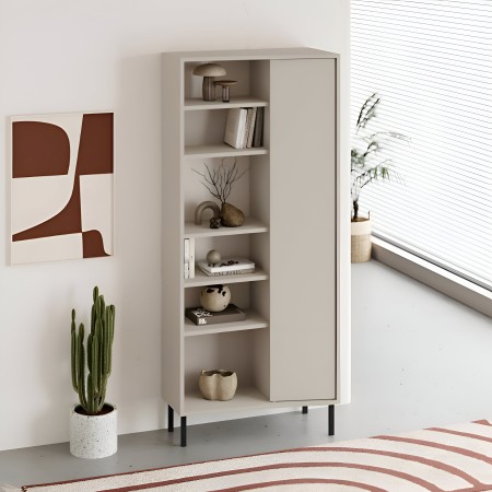 Libreria 6 Ripiani 1 Anta Battente Curva Beige Moderna Salvaspazio