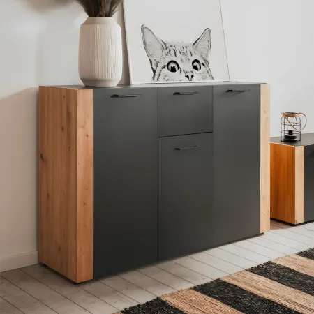 Madia Soggiorno Moderna 3 Ante 1 Cassetto Credenza Rovere Antracite