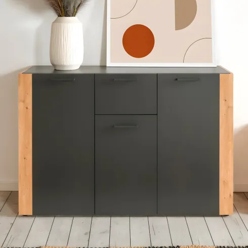 Madia Soggiorno Moderna 3 Ante 1 Cassetto Credenza Rovere Antracite