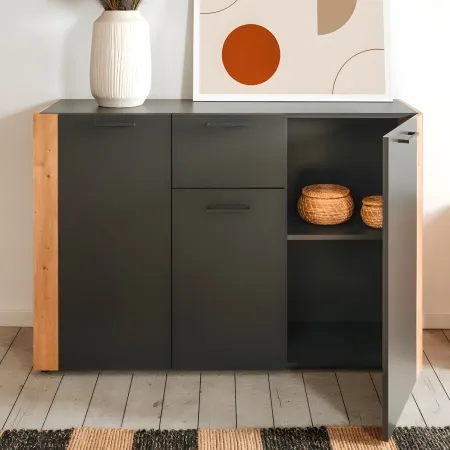 Madia Soggiorno Moderna 3 Ante 1 Cassetto Credenza Rovere Antracite