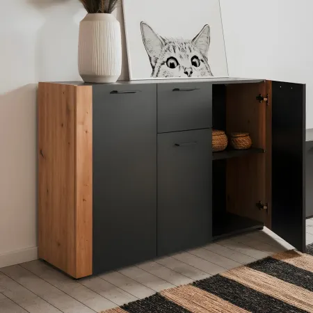 Madia Soggiorno Moderna 3 Ante 1 Cassetto Credenza Rovere Antracite