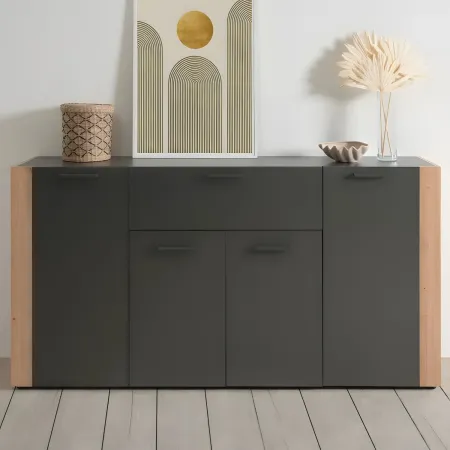 Madia Soggiorno Moderna 4 Ante 1 Cassetto Credenza Rovere Antracite