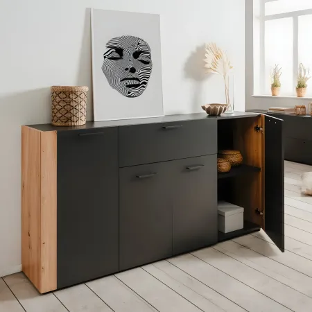 Madia Soggiorno Moderna 4 Ante 1 Cassetto Credenza Rovere Antracite