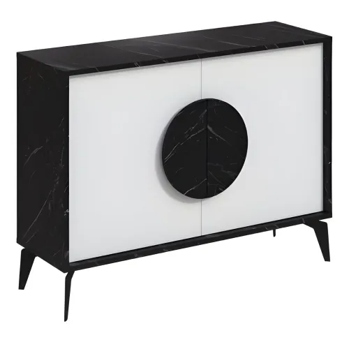Madia Soggiorno Moderna 110 cm Bianco Nero Effetto Marmo Piedini