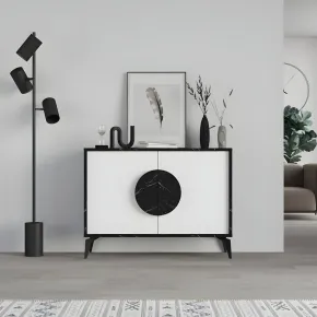 Madia Soggiorno Moderna 110 cm Bianco Nero Effetto Marmo Piedini 2