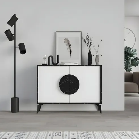 Madia Soggiorno Moderna 110 cm Bianco Nero Effetto Marmo Piedini