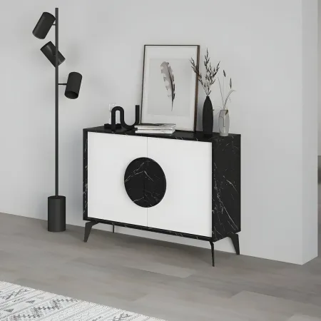 Madia Soggiorno Moderna 110 cm Bianco Nero Effetto Marmo Piedini