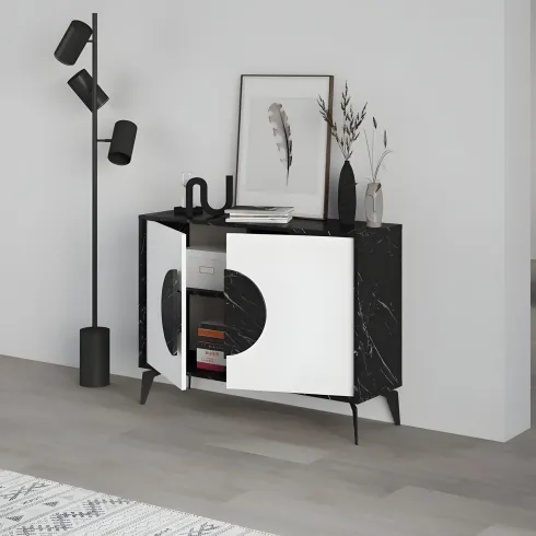 Madia Soggiorno Moderna 110 cm Bianco Nero Effetto Marmo Piedini